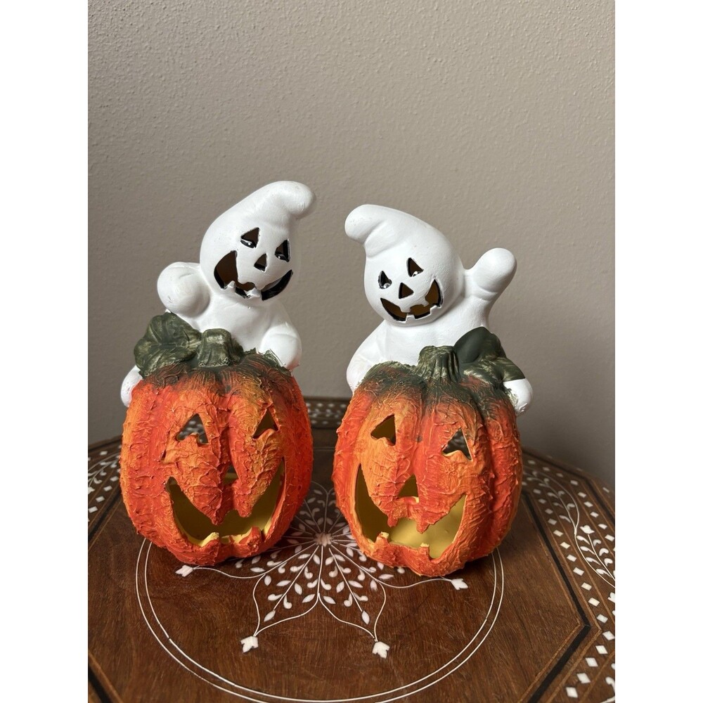 Alco Industries Ceramic Ghost Pumpkin Candle Holder Halloween Jack-O-Lantern